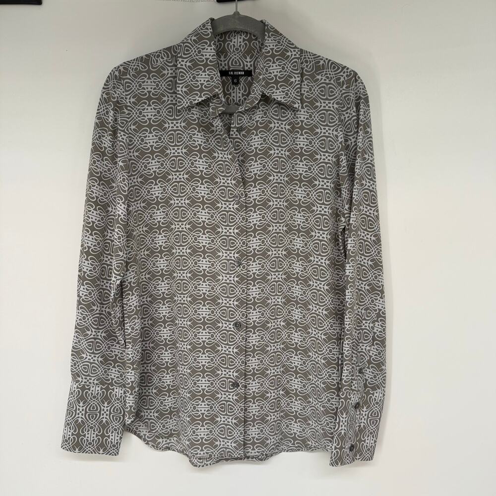 Kal Rieman Geometric Print Button Down Silk Shirt Womens Sz 6 Gray Classic Artsy
